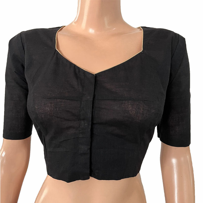 Handloom Cotton Sweetheart neck Blouse, Black, BH1254