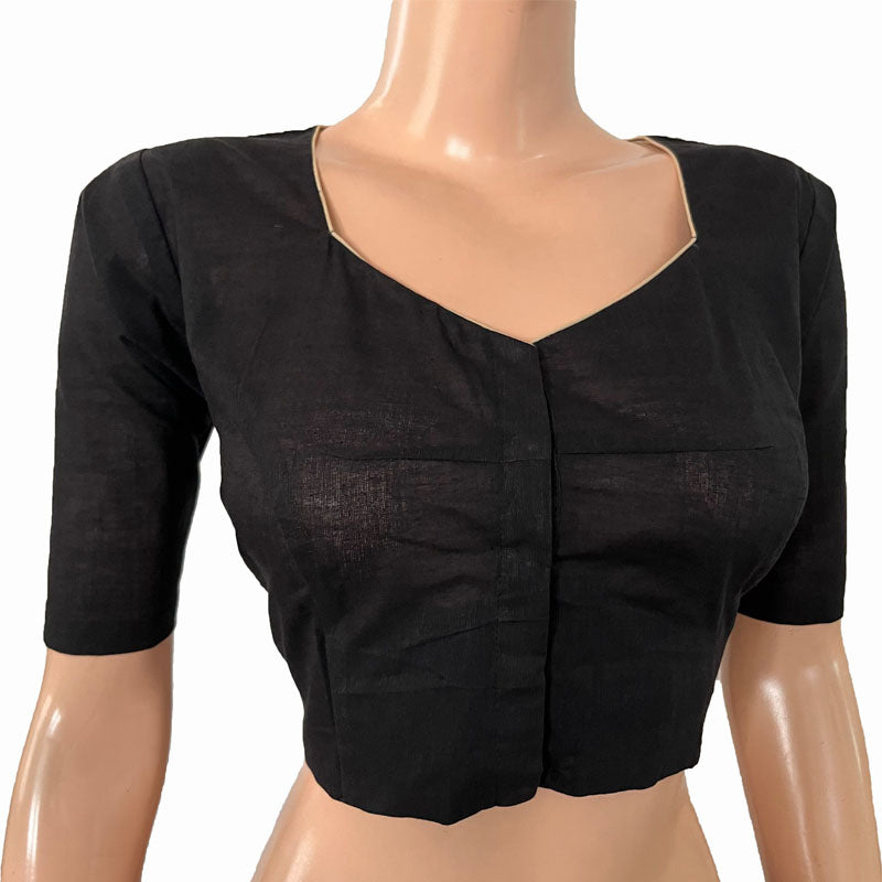 Handloom Cotton Sweetheart neck Blouse, Black, BH1254