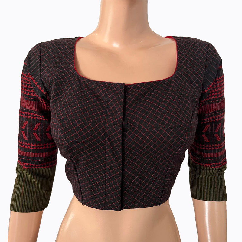 Jacquard Cotton Checkered Square - U neck Blouse with Lining, Black, BH1256