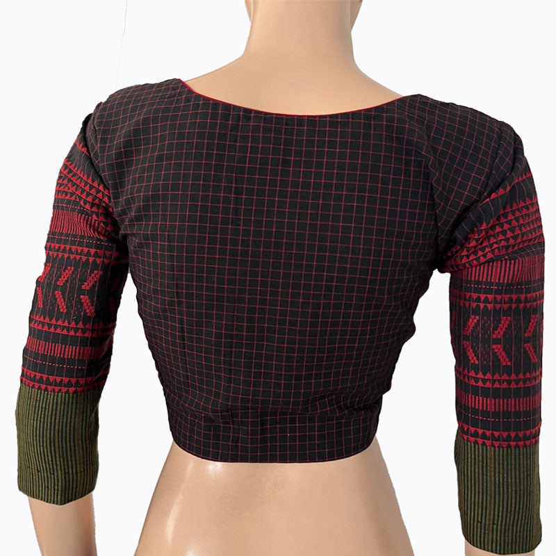 Jacquard Cotton Checkered Square - U neck Blouse with Lining, Black, BH1256