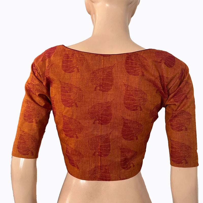 Jacquard Cotton Round neck Blouse with Lining, Mustard - Maroon, BH1257