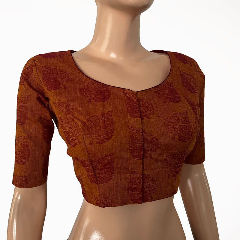 Jacquard Cotton Round neck Blouse with Lining, Mustard - Maroon, BH1257