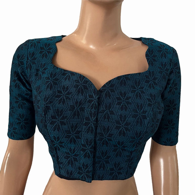 Jacquard Cotton Scallop neck Blouse with Lining, Blue, BH1258