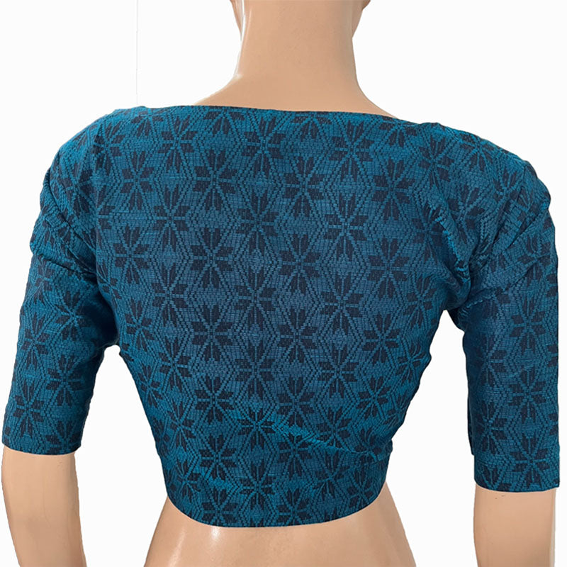 Jacquard Cotton Scallop neck Blouse with Lining, Blue, BH1258
