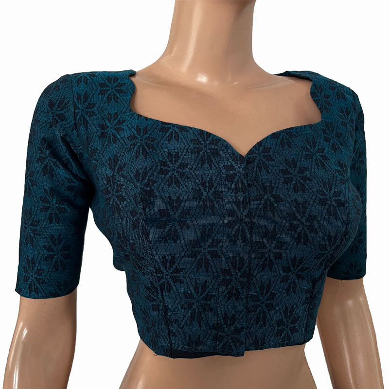 Jacquard Cotton Scallop neck Blouse with Lining, Blue, BH1258
