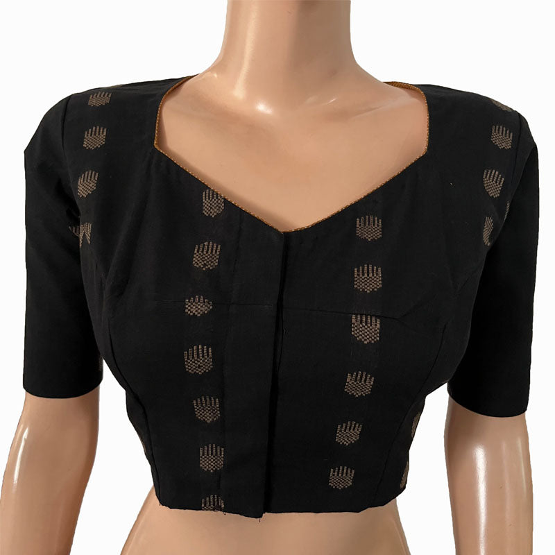 Jacquard Cotton Sweetheart neck Blouse with Lining, Black, BH1259
