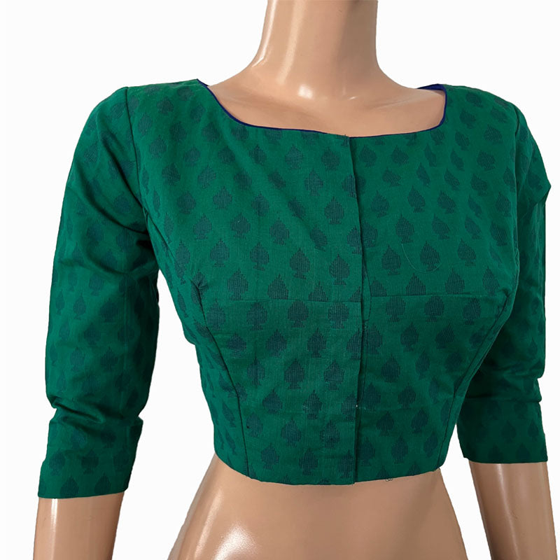 Jacquard Cotton Boat neck Blouse with Lining,  Green,  BH1260 Jacquard Cotton Boat neck Blouse with Lining,  Green,  BH1260