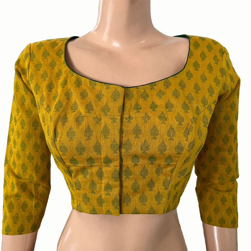 Jacquard Cotton Round neck Blouse with Lining, Yellow, BH1261