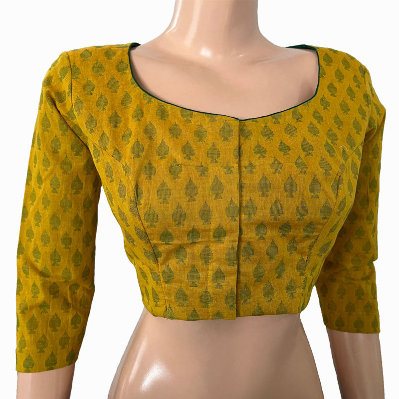 Jacquard Cotton Round neck Blouse with Lining, Yellow, BH1261