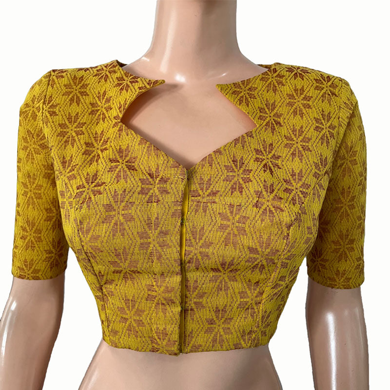 Jacquard Cotton Diamond neck Blouse with Lining, Yellow, BH1262