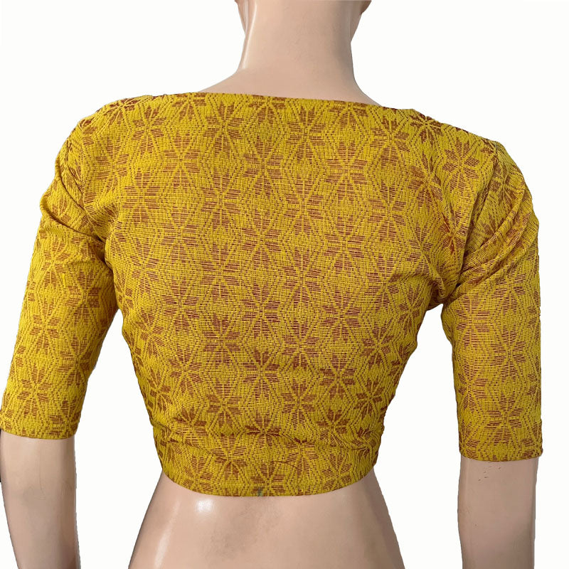 Jacquard Cotton Diamond neck Blouse with Lining, Yellow, BH1262