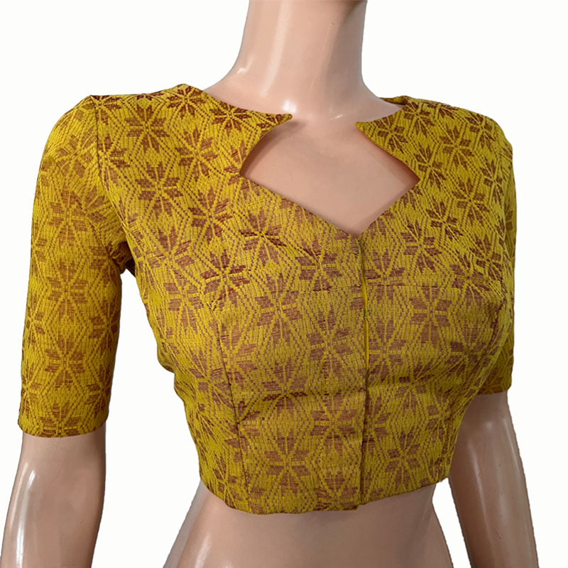 Jacquard Cotton Diamond neck Blouse with Lining, Yellow, BH1262
