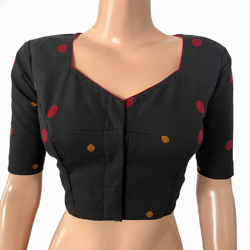 Jacquard Cotton Sweetheart neck Blouse with Lining, Black, BH1263
