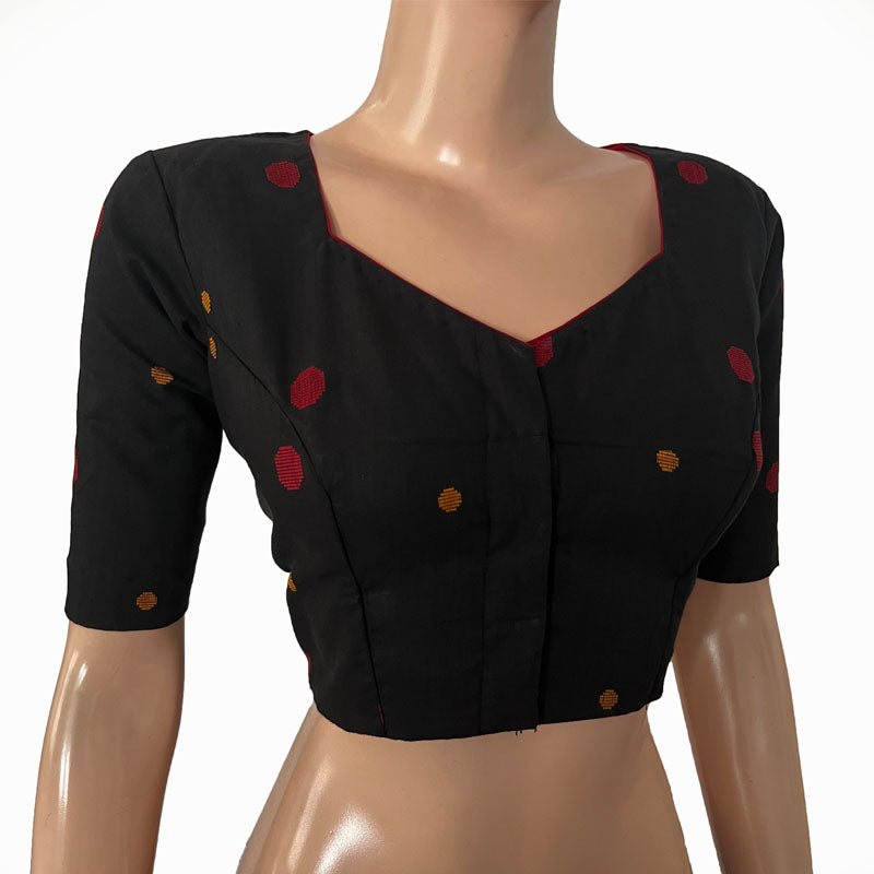 Jacquard Cotton Sweetheart neck Blouse with Lining, Black, BH1263