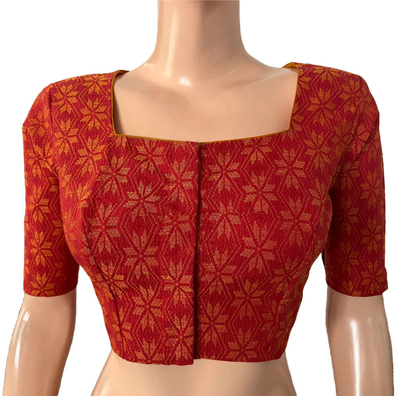 Jacquard Cotton Square neck Blouse with Lining, Orange, BH1264