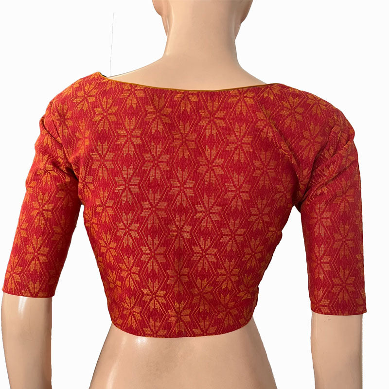 Jacquard Cotton Square neck Blouse with Lining, Orange, BH1264