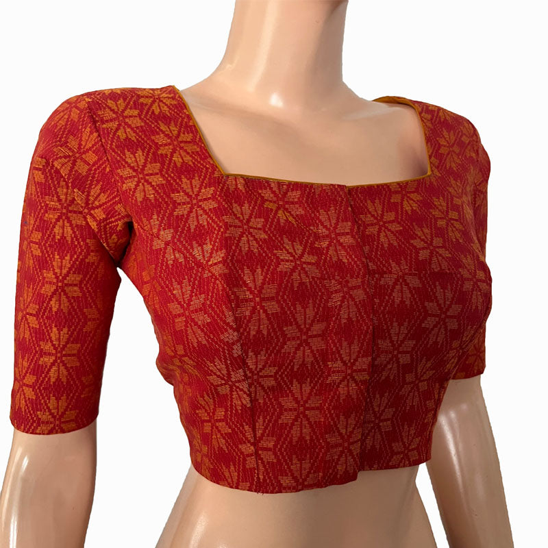 Jacquard Cotton Square neck Blouse with Lining, Orange, BH1264