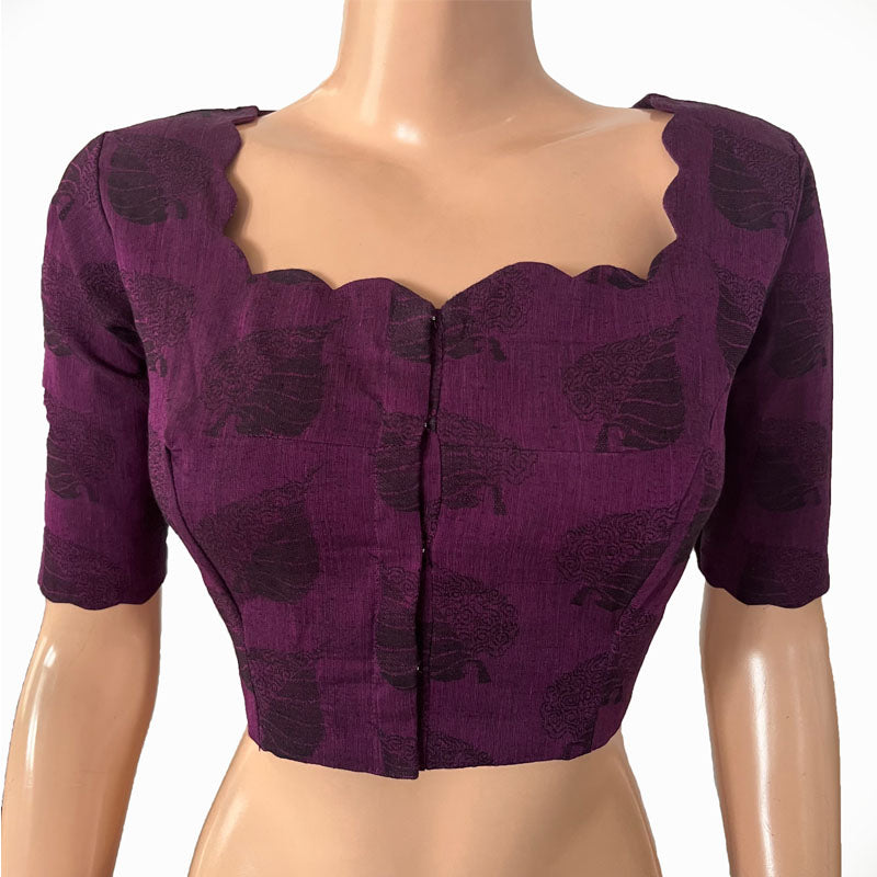 Jacquard Cotton Scallop neck Blouse with Lining, Purple, BH1265