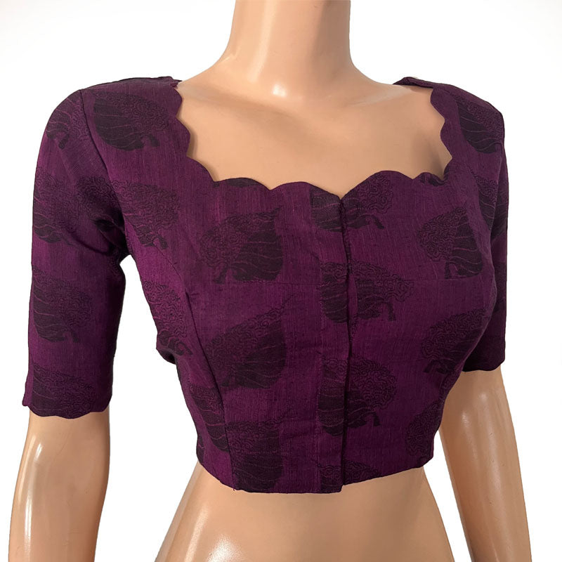 Jacquard Cotton Scallop neck Blouse with Lining, Purple, BH1265