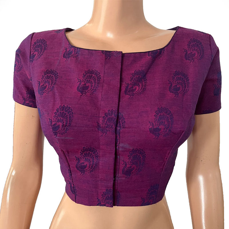 Jacquard Cotton Boat neck Blouse with Short Sleeves & Lining, Purple, BH1266