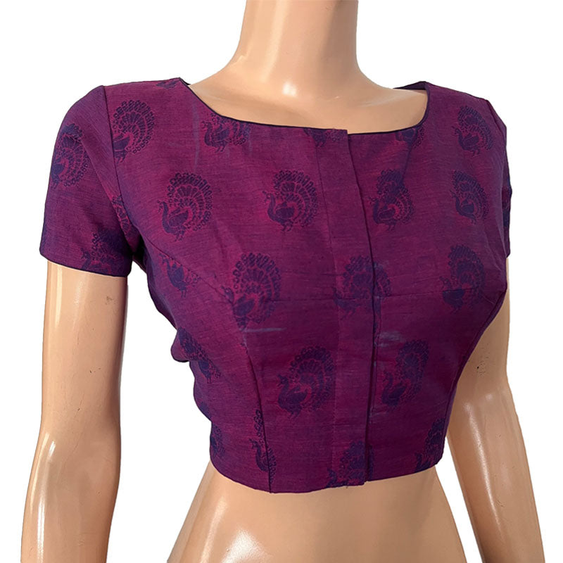 Jacquard Cotton Boat neck Blouse with Short Sleeves & Lining, Purple, BH1266