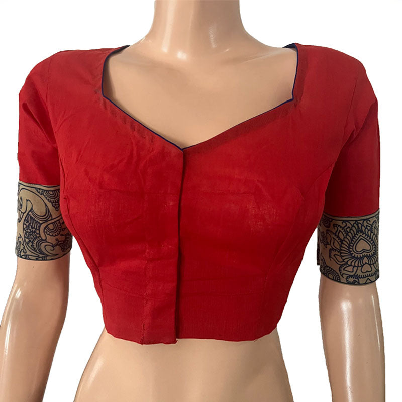 South Cotton Sweetheart neck Blouse with Kalamkari Patches, Red, BH1273