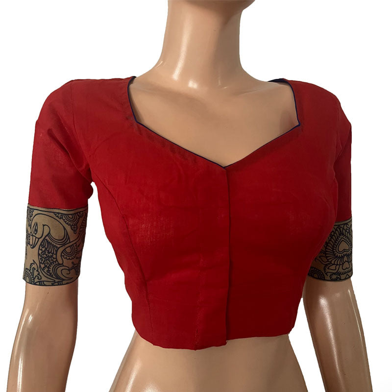 South Cotton Sweetheart neck Blouse with Kalamkari Patches, Red, BH1273