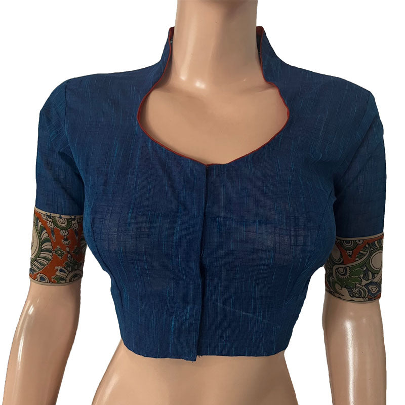 Slub Cotton High neck Blouse with Kalamkari Patches, Blue, BH1274