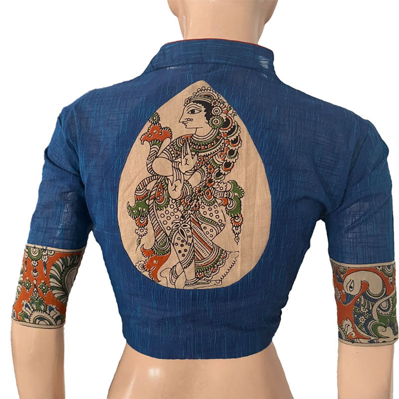 Slub Cotton High neck Blouse with Kalamkari Patches, Blue, BH1274