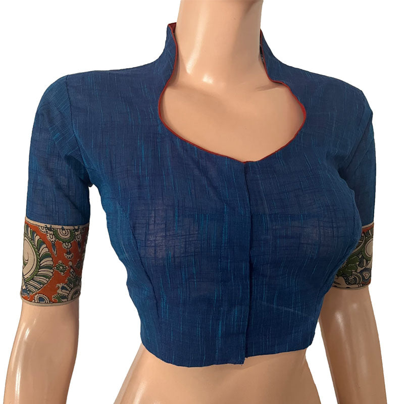 Slub Cotton High neck Blouse with Kalamkari Patches, Blue, BH1274