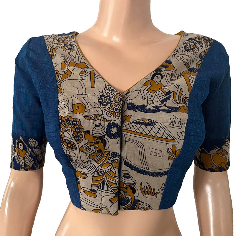 Slub Cotton V neck Blouse with Kalamkari Patches, Blue, BH1275