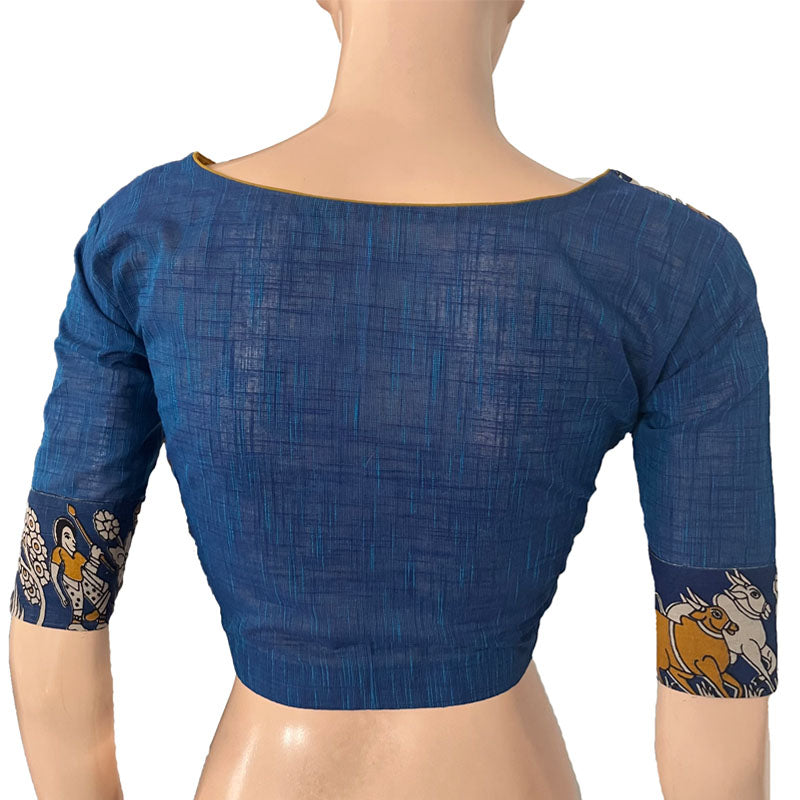 Slub Cotton V neck Blouse with Kalamkari Patches, Blue, BH1275