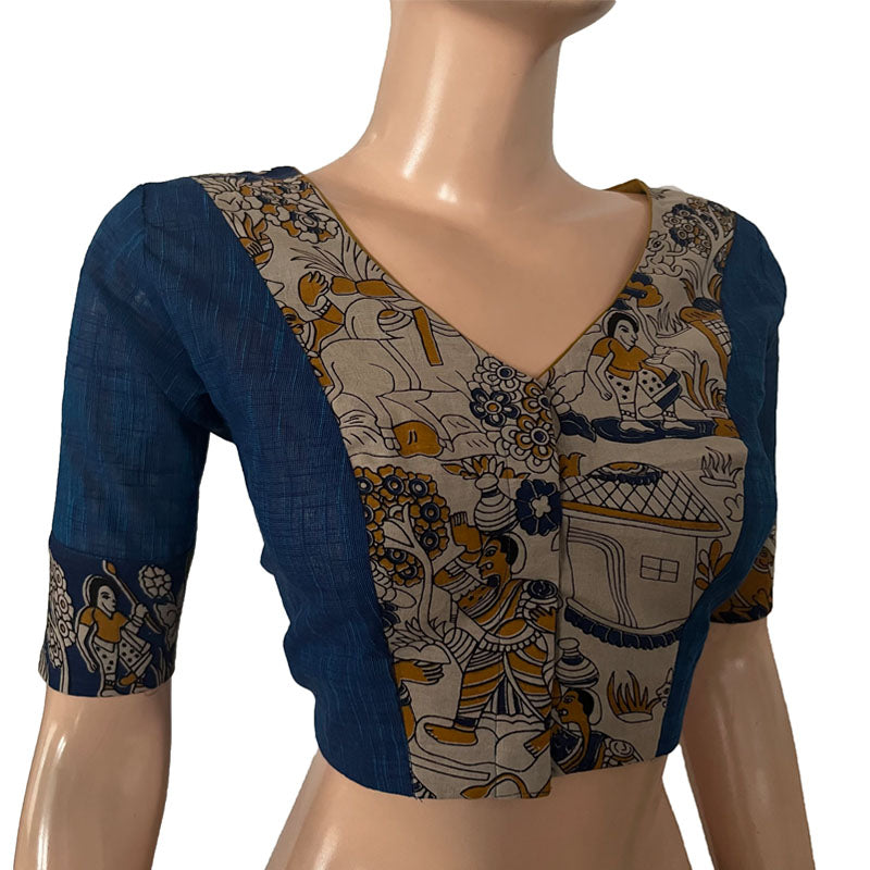 Slub Cotton V neck Blouse with Kalamkari Patches, Blue, BH1275