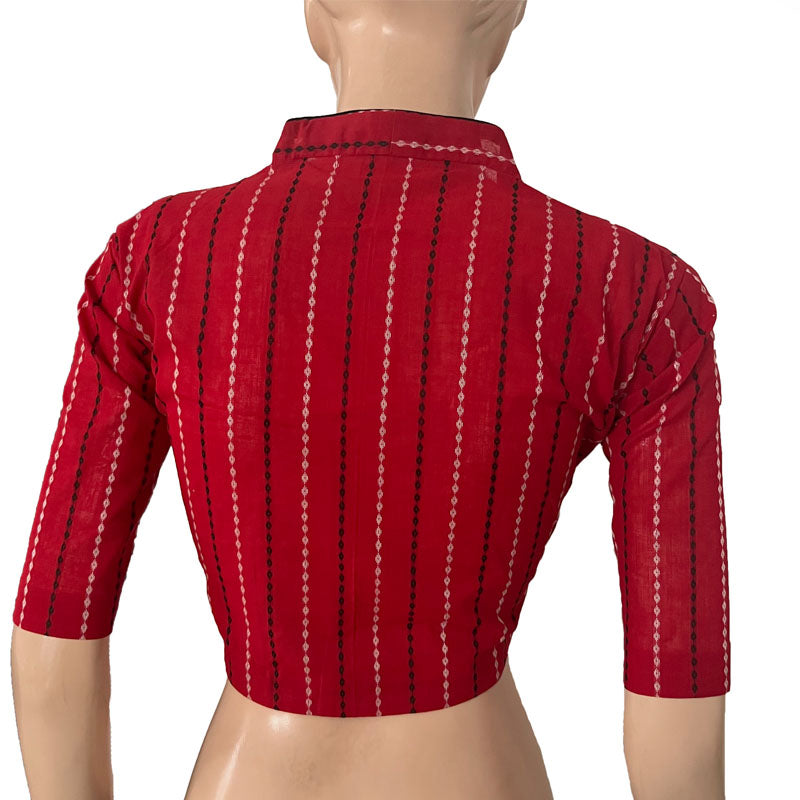 Woven Handloom Cotton Striped Highneck Blouse, Red, BH1276