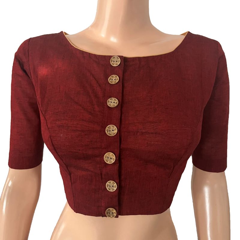 South Cotton Boat neck Blouse with Wooden Button Details,Maroon BH1279