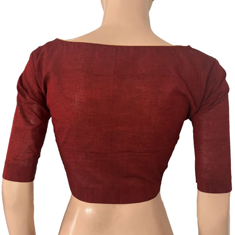 South Cotton Boat neck Blouse with Wooden Button Details,Maroon BH1279
