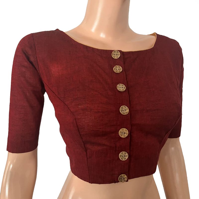 South Cotton Boat neck Blouse with Wooden Button Details,Maroon BH1279
