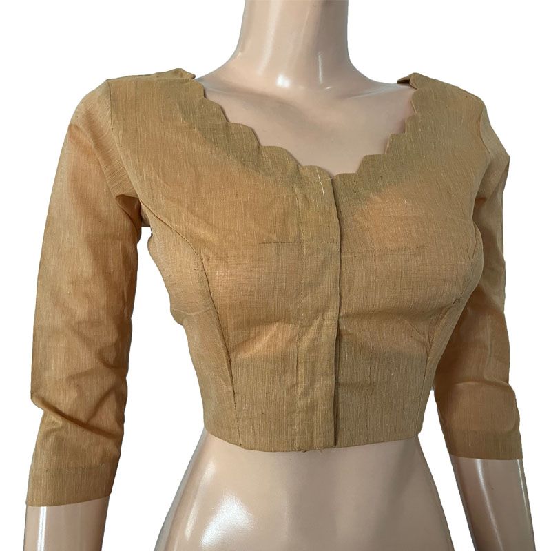 South Cotton Scallop neck Blouse with Lining ,Beige , BH1283