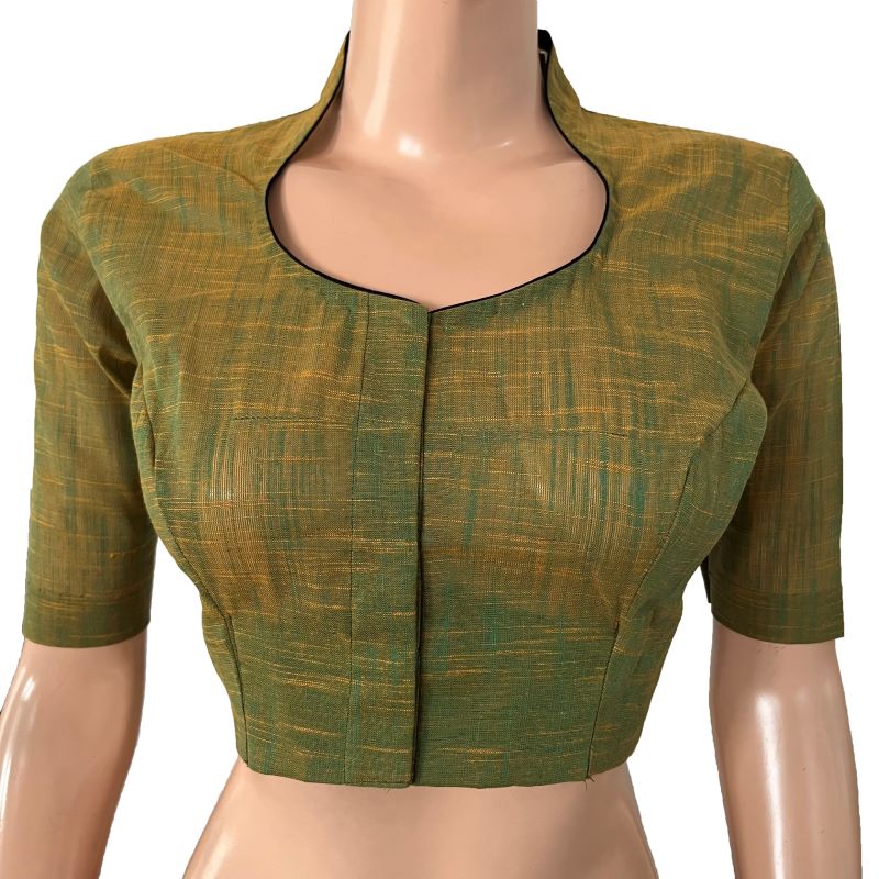Slub Cotton High neck Blouse Green , BH1286