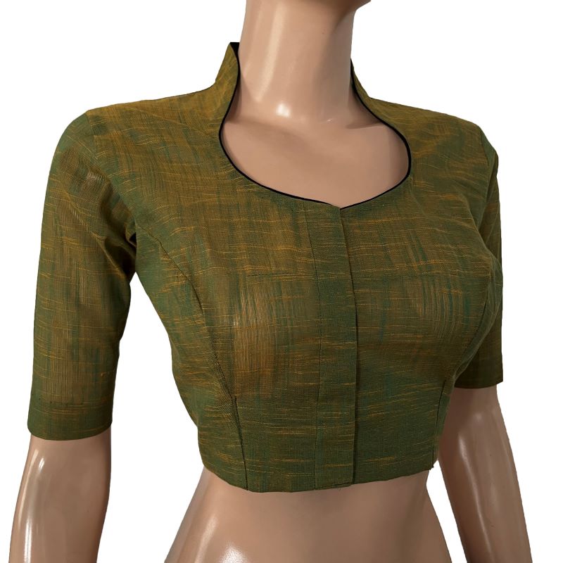 Slub Cotton High neck Blouse Green , BH1286