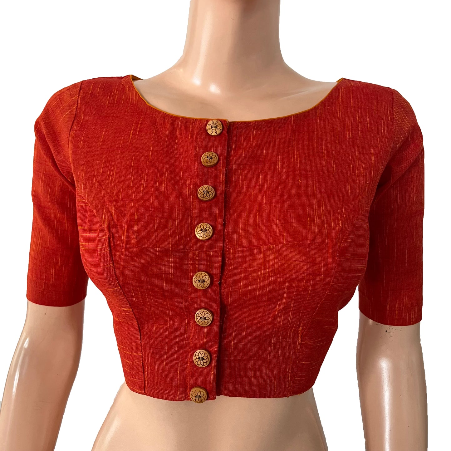 Slub Cotton Boat neck Blouse with Wooden Button Details, Rust BH1291