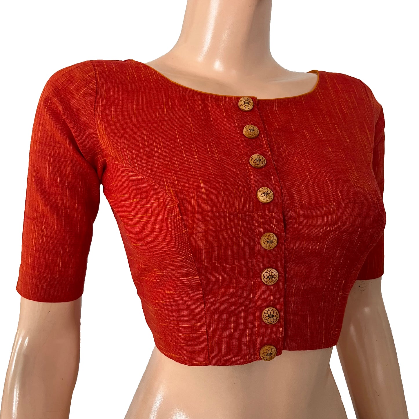 Slub Cotton Boat neck Blouse with Wooden Button Details, Rust BH1291