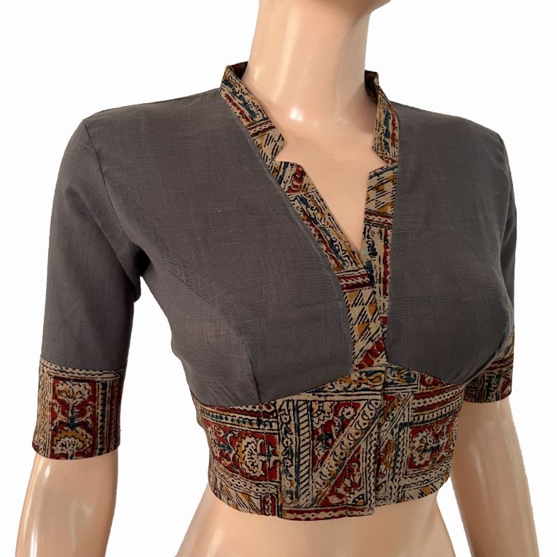 Handloom Flex Cotton V-collar neck Blouse with Kalamkari Patches,Grey, BH1298 Handloom Flex Cotton V-collar neck Blouse with Kalamkari Patches,Grey, BH1298