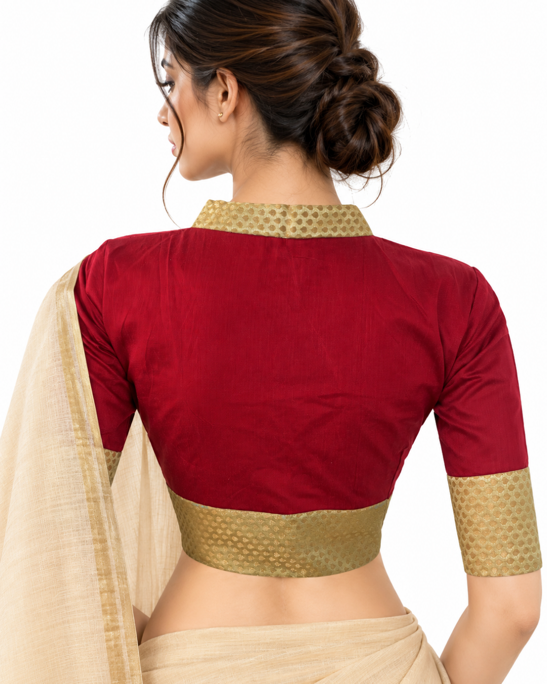 Art Silk V Collar with Banarasi Brocade Patches Blouse and Lining, Beige -Maroon ,BS1185