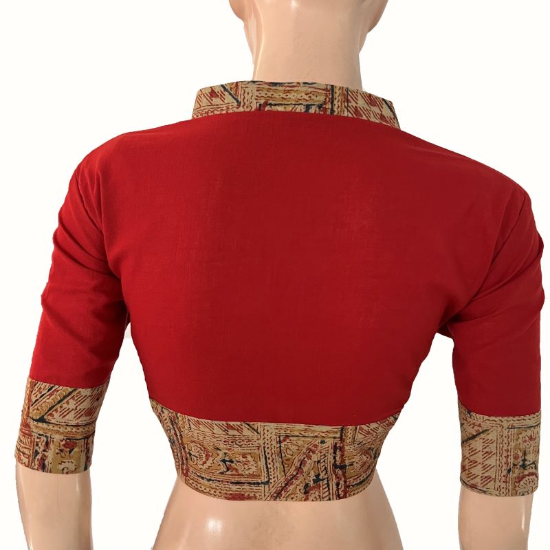 Handloom Flex Cotton V-collar neck Blouse with Kalamkari patches, Red - Maroon , BH1299