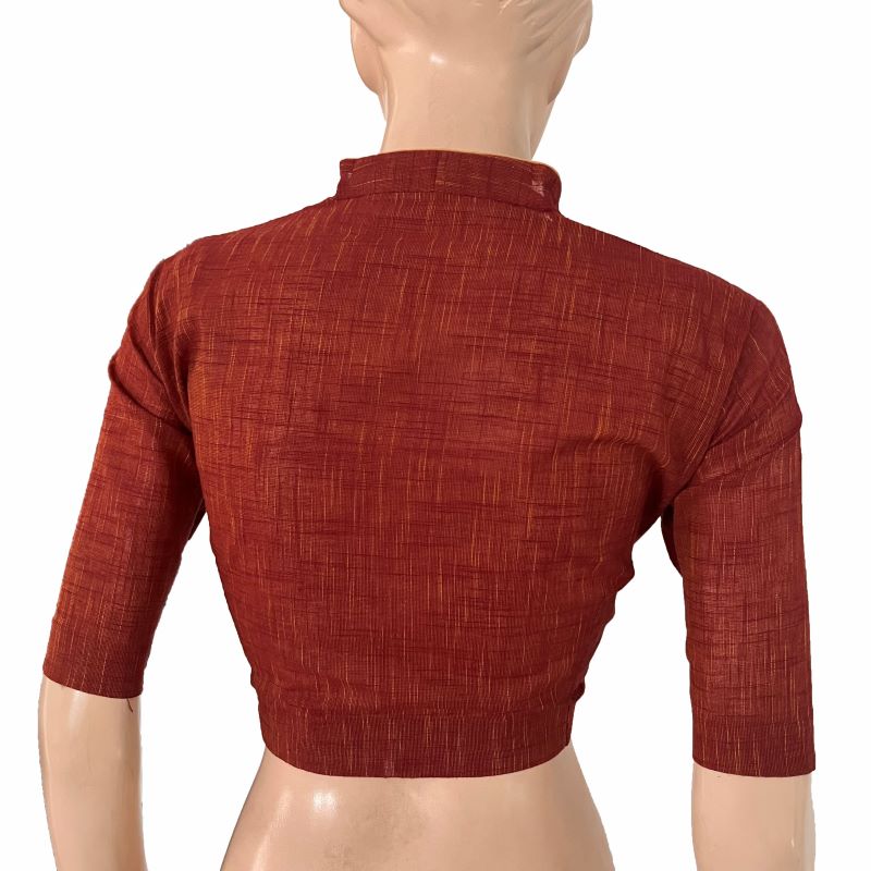 Handloom Slub Cotton High neck Blouse , Brown , BH1304