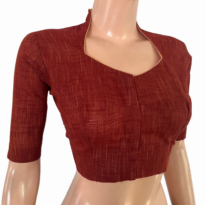 Handloom Slub Cotton High neck Blouse , Brown , BH1304
