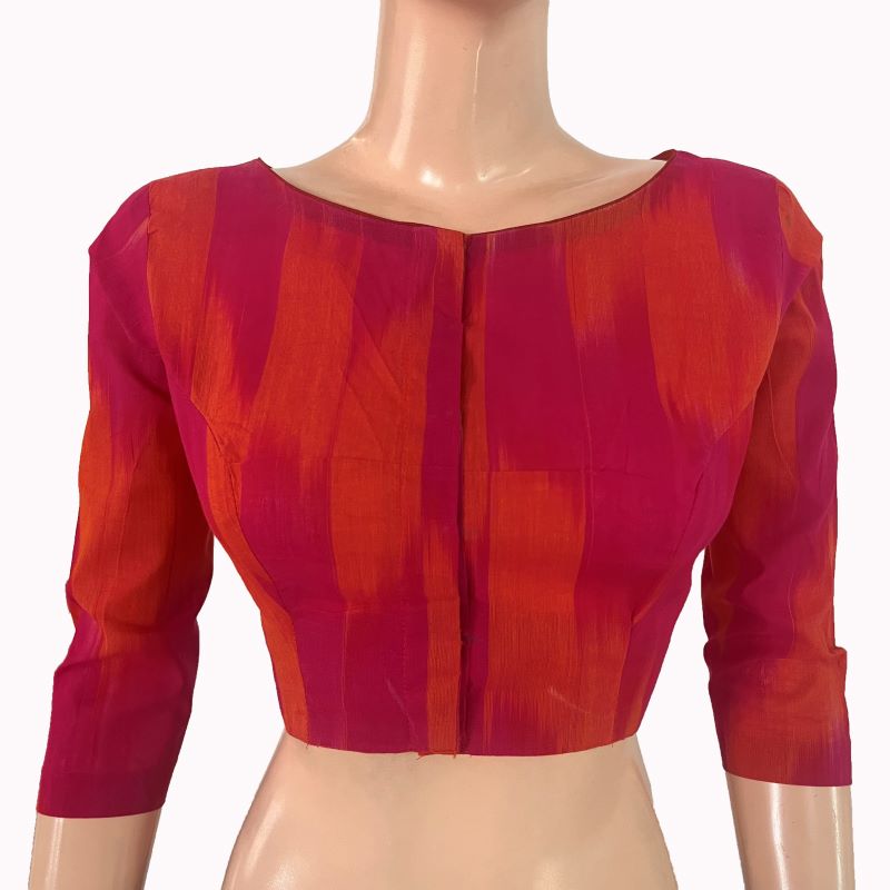 Mangalgiri Tie-dye Cotton Boat Neck Blouse with 3/4 Sleeves ,Majentha - Orange , BH1309
