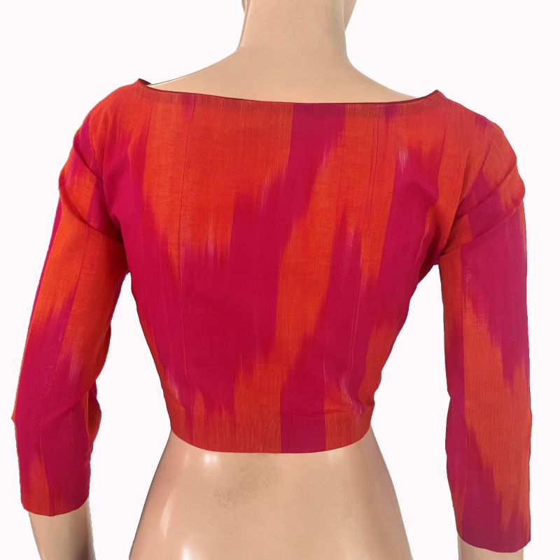 Mangalgiri Tie-dye Cotton Boat Neck Blouse with 3/4 Sleeves ,Majentha - Orange , BH1309