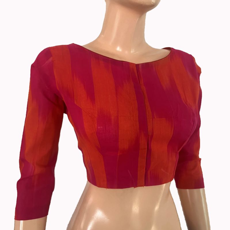 Mangalgiri Tie-dye Cotton Boat Neck Blouse with 3/4 Sleeves ,Majentha - Orange , BH1309